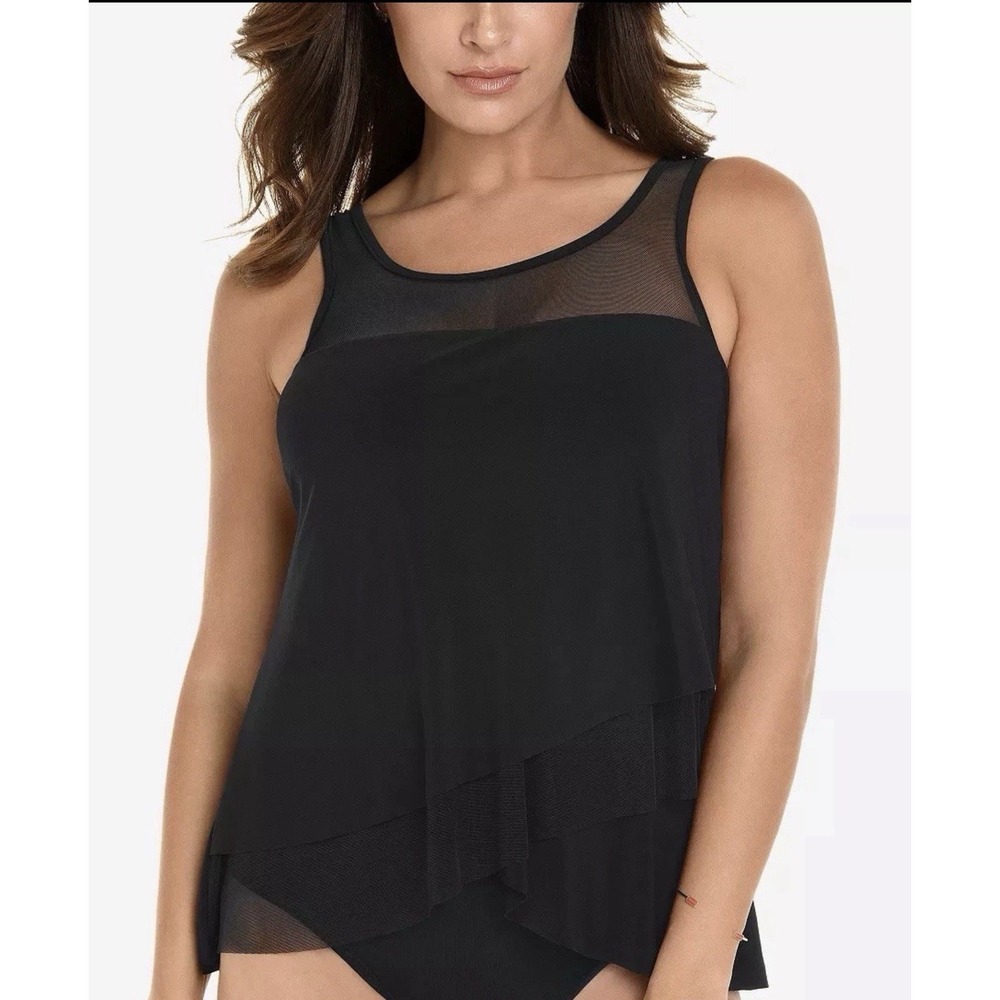 Miraclesuit Mirage Tankini Top Sz 10 Black Slimming Mesh Layer Swimsuit Top